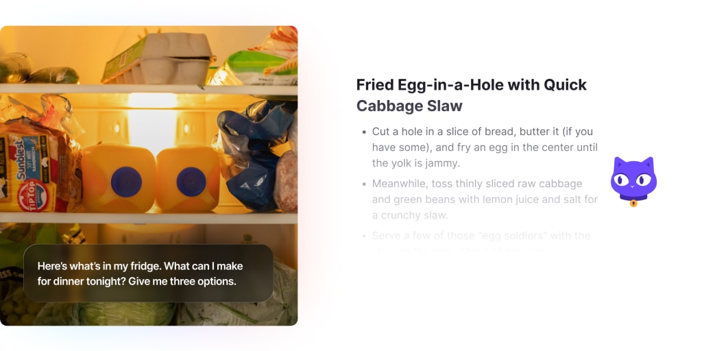 Lumo's image generation features in providing a response to an image of a fridge and a query "Here's what's in my fridge. What can I make for dinner tonight? Give me three options."