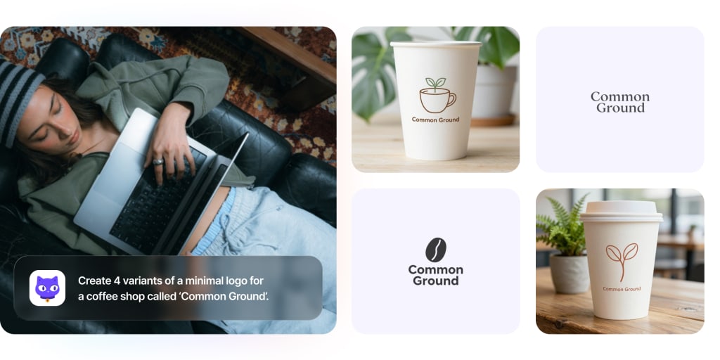Lumo's image generation features in creating 4 variants of a minimal logo for a coffee shop called Common Ground.