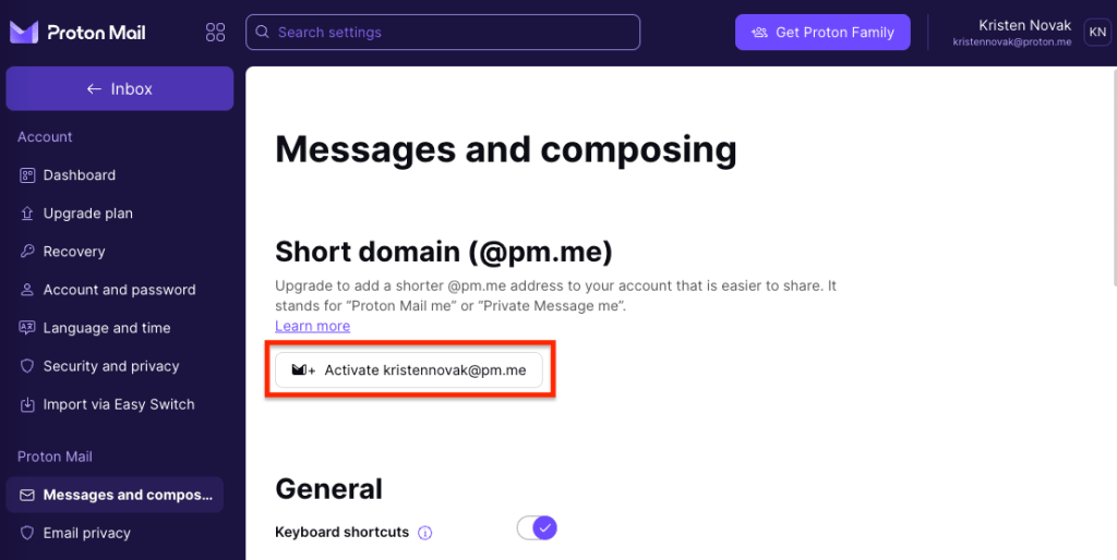 Button to upgrade and activate your short @pm.me email address if you're on Proton Free
