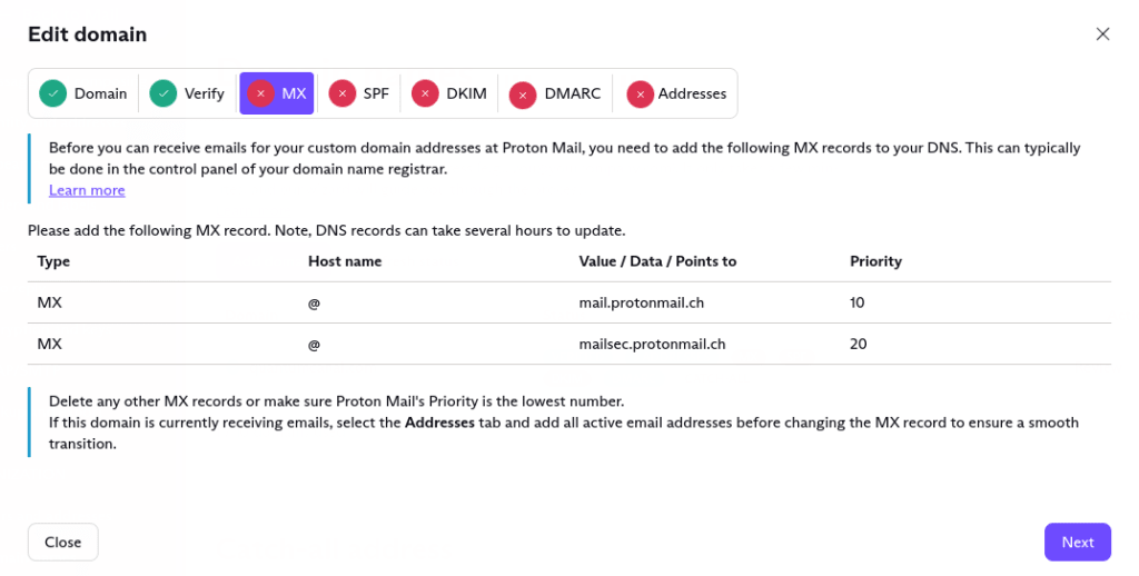 MX record settings