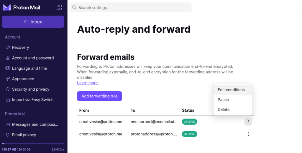 Manage email forwarding rules that you've created