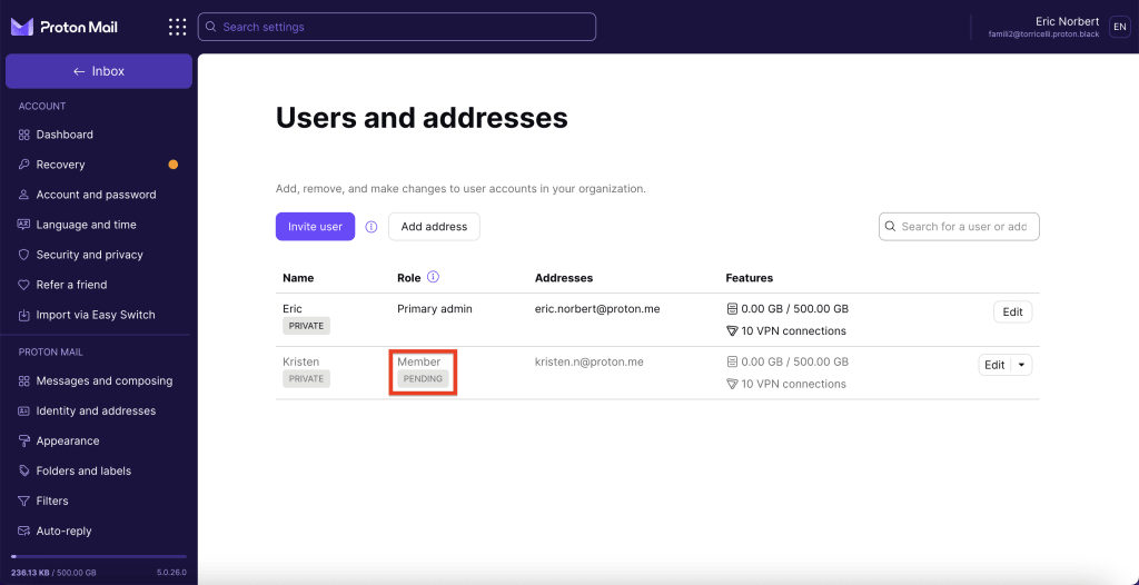 User and addresses dashboard showing invited member as pending