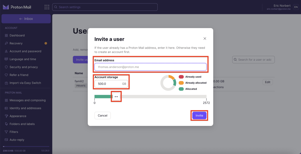 Invite a user window to enter the email address of the user you want to invite