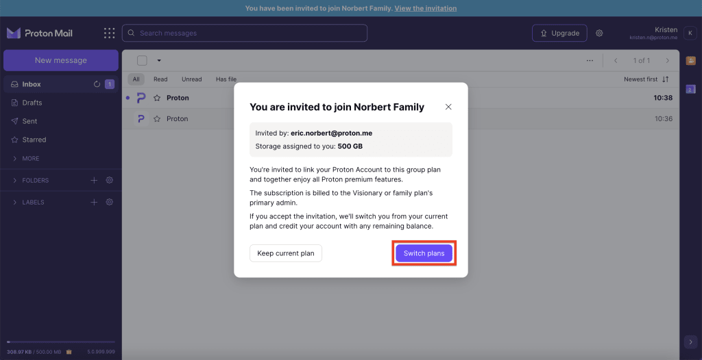 Switch plans button to join a Proton Family group