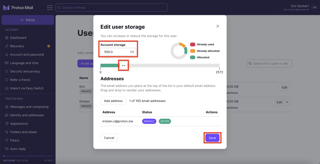 Edit user storage window with Save. button