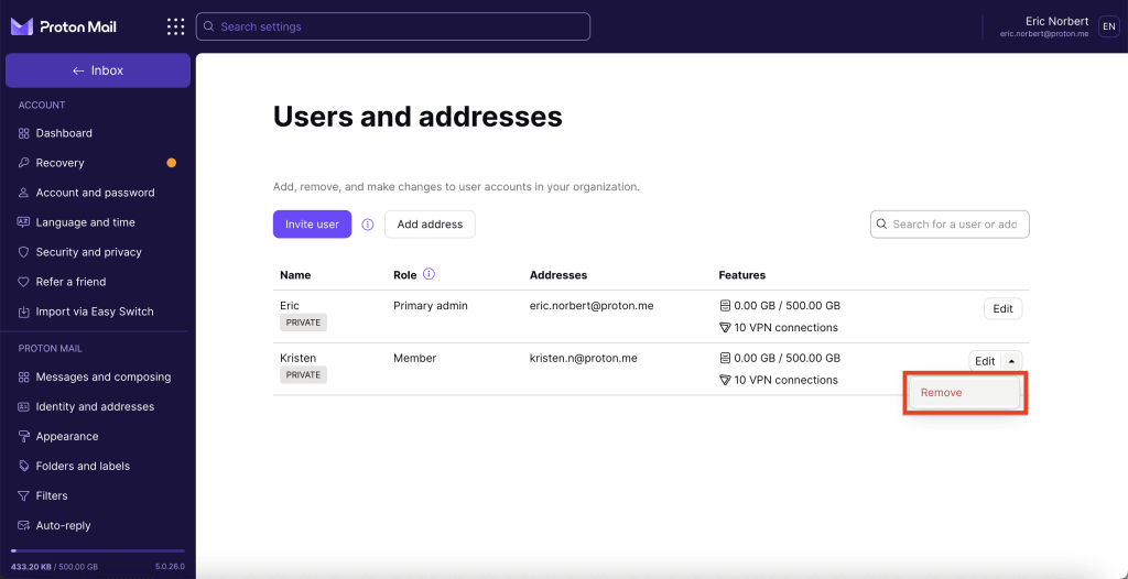 Remove user option in the Users and addresses section of your settings