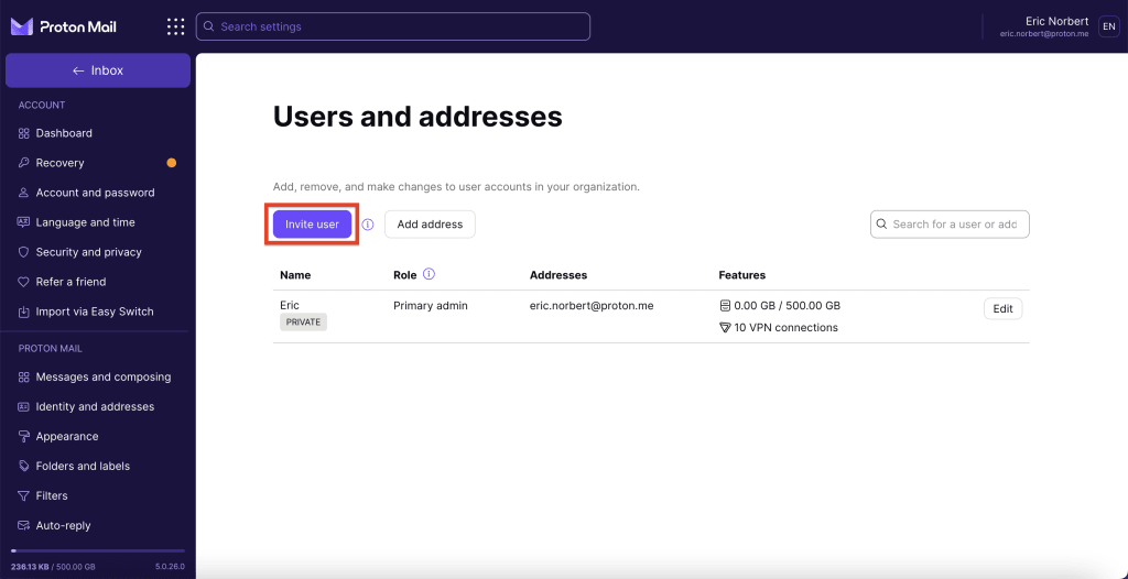 Invite user button in the Users and addresses section of settings