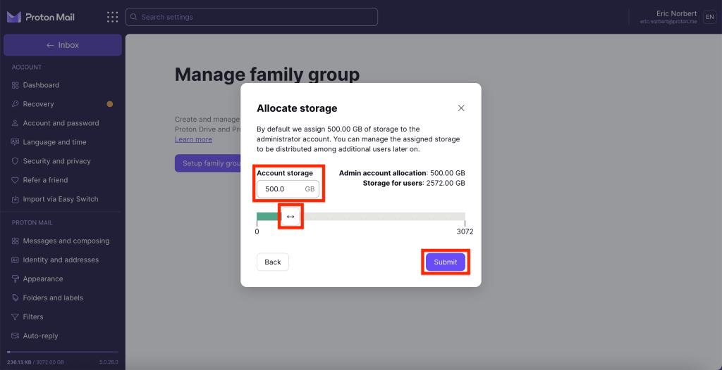 Allocate storage window with Submit button