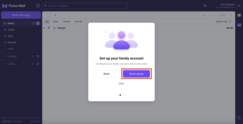 Proton Family account start setup button