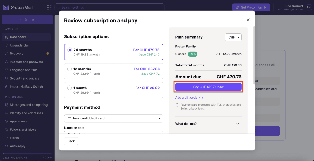 Plan summary in the Review subscription and pay window