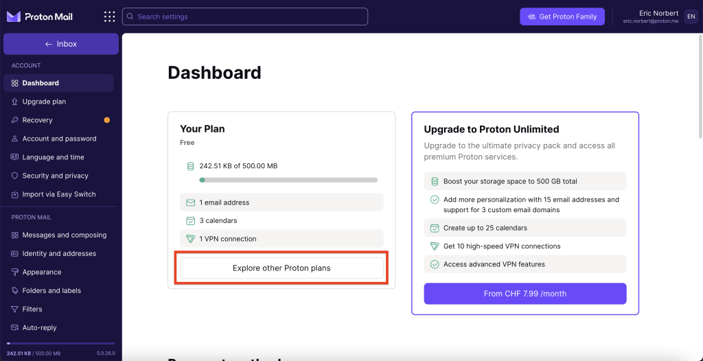 Explore other Proton plans button