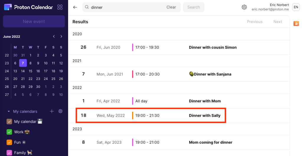 Proton Calendar search results for the search term "dinner"