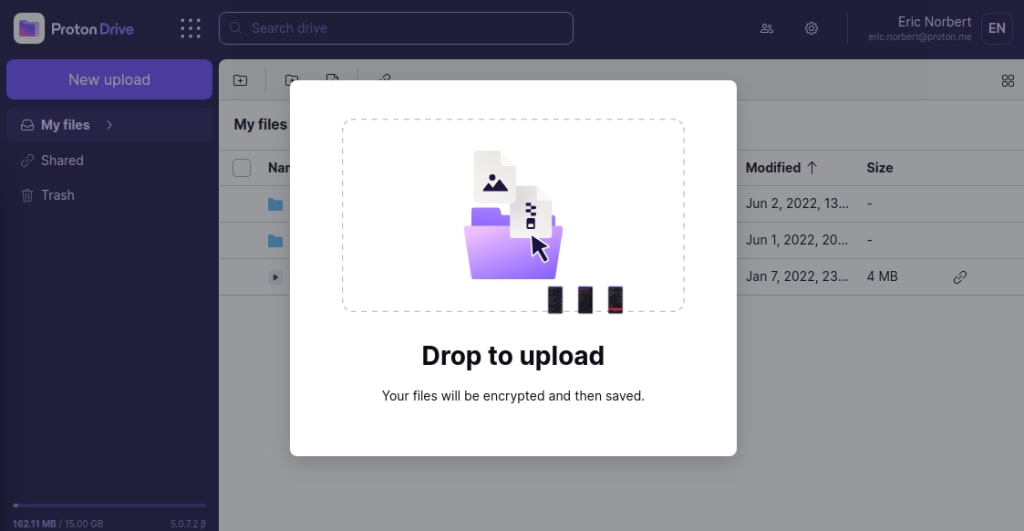Drag-and-drop files to the Proton drive web app.