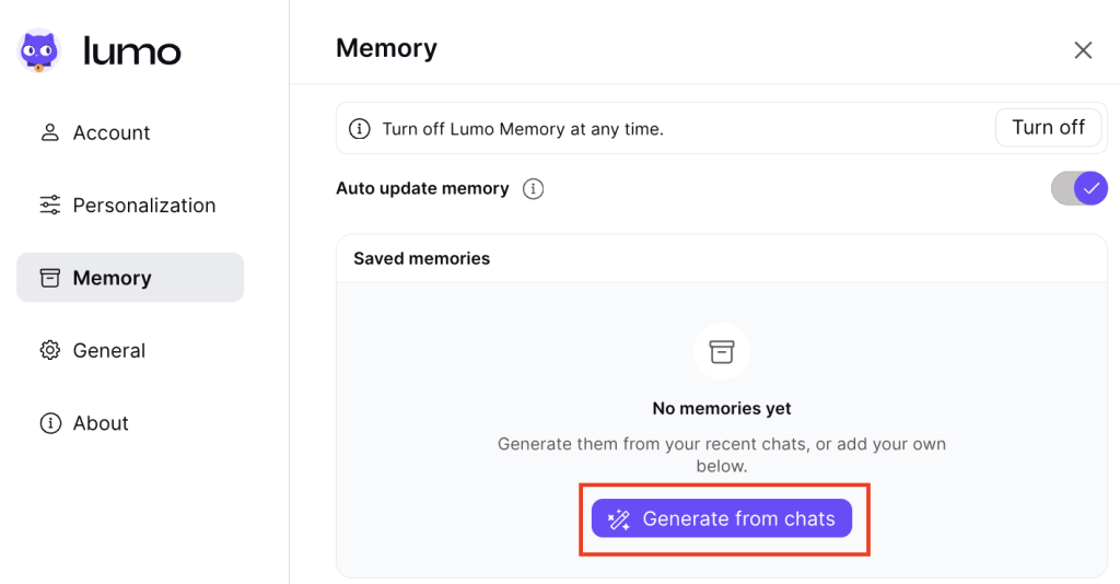 Lumo Memory settings screen showing an empty Saved memories screen. The button "Generate from chats" is highlighted under Saved memories.
