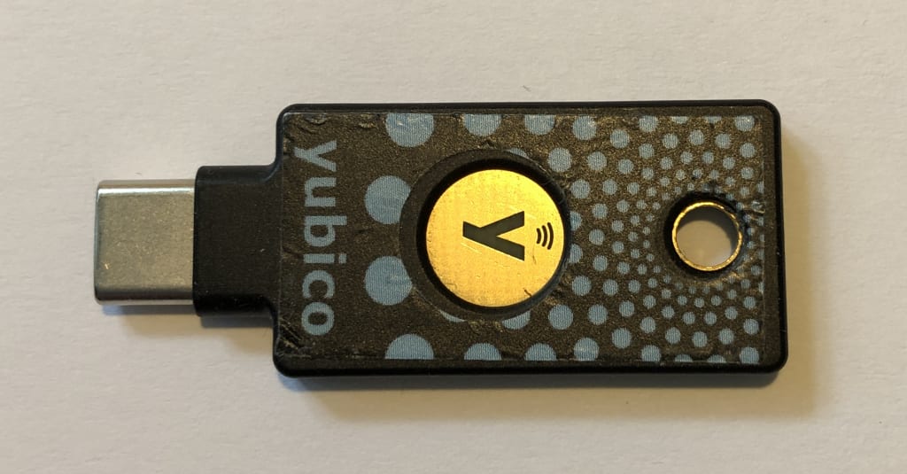 A Yubico Yubikey, an example of a FIDO U2F security key