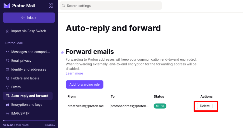 Stop emails being forwarded to your Proton address