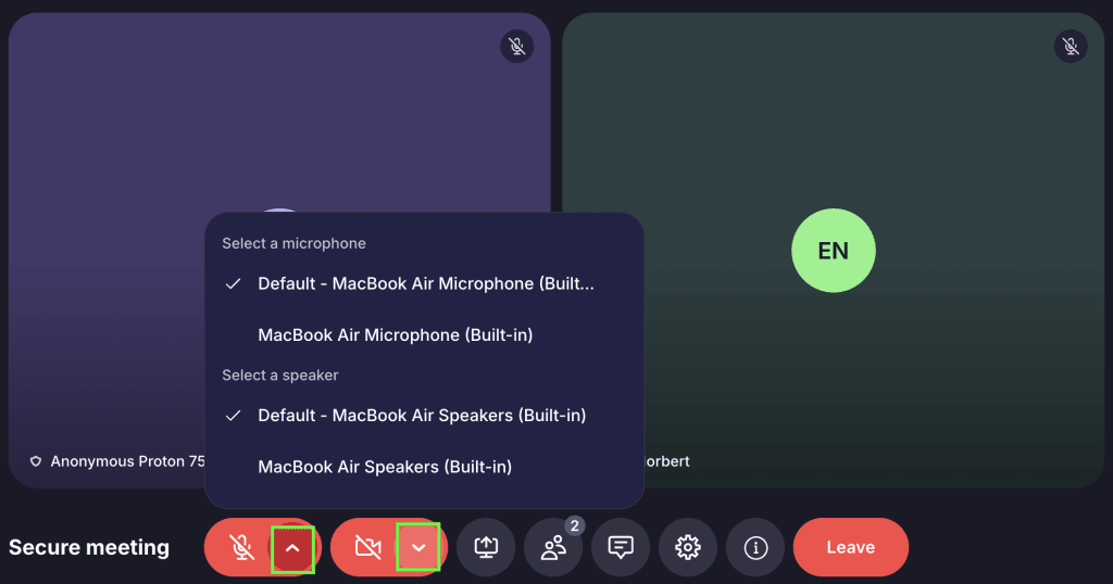 Select audio and video devices when using Proton Meet