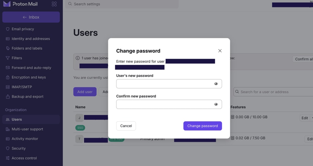 Screenshot showing entry fields for the new user passwor.