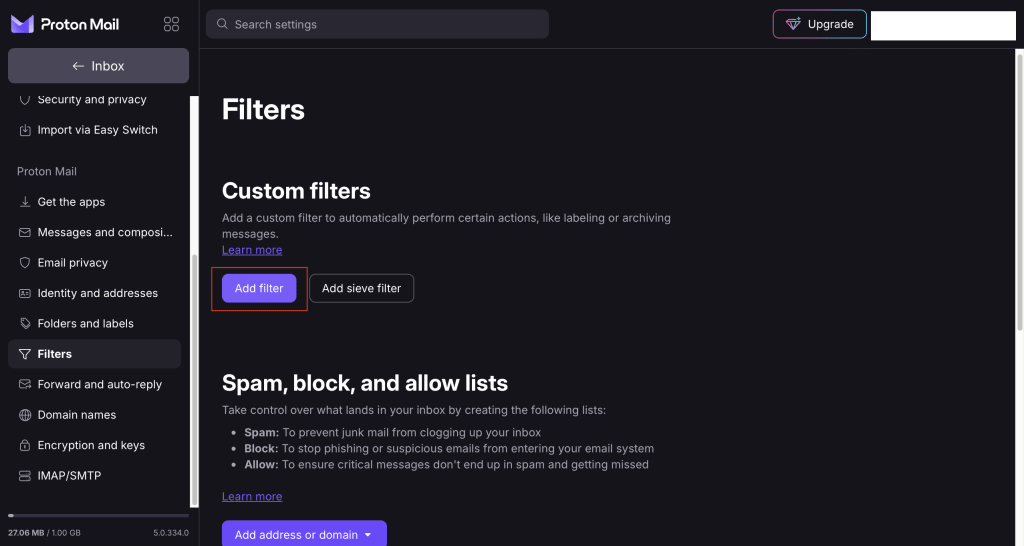 email filters add