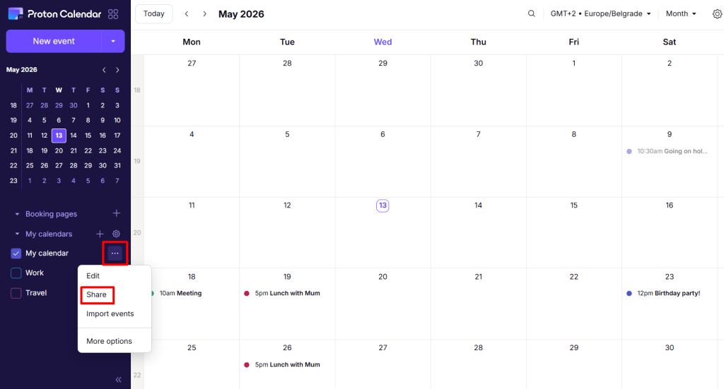 Share option in Manage calendar menu