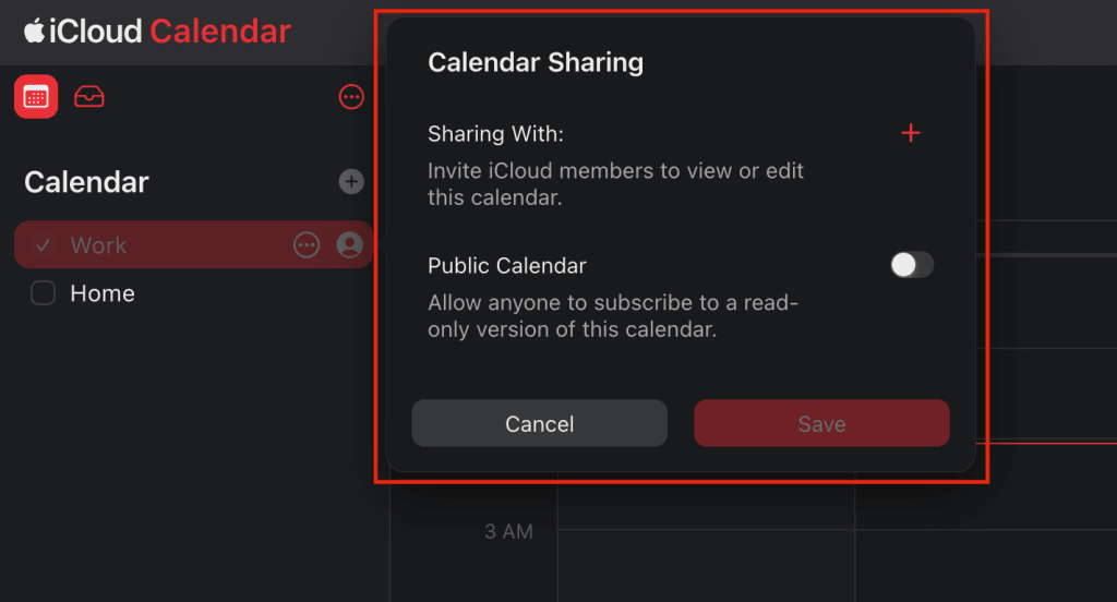 iCloud Calendar highlighting the calendar sharing options