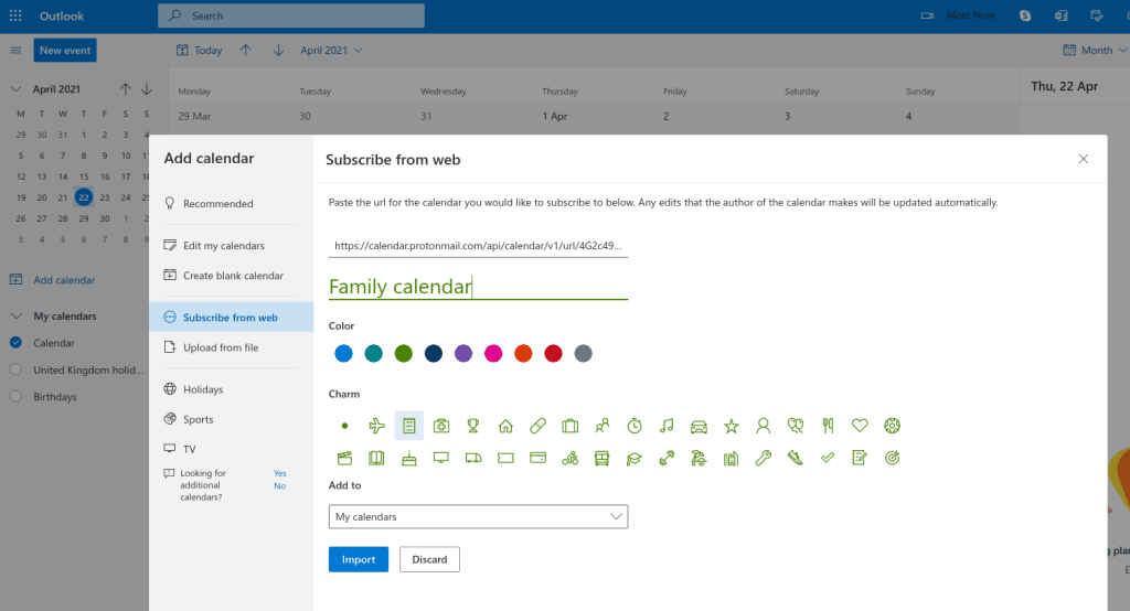 Outlook external calendar options