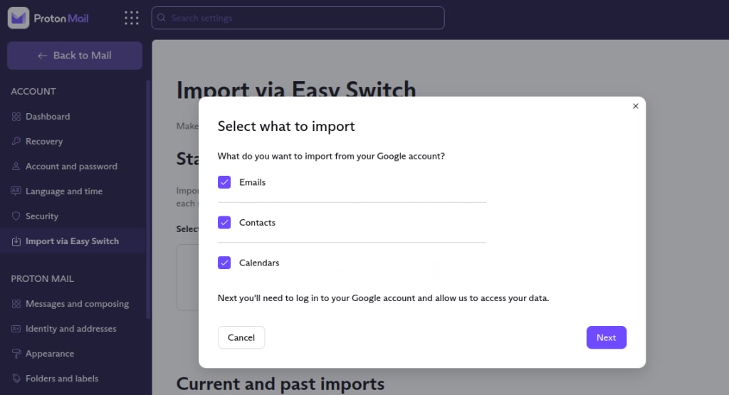 Select what to import