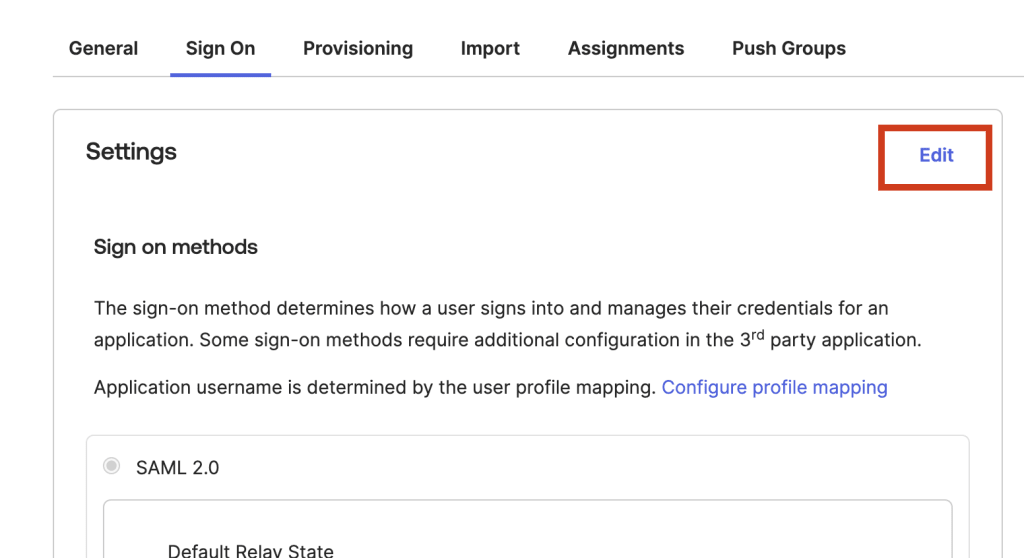 Edit sign on settings