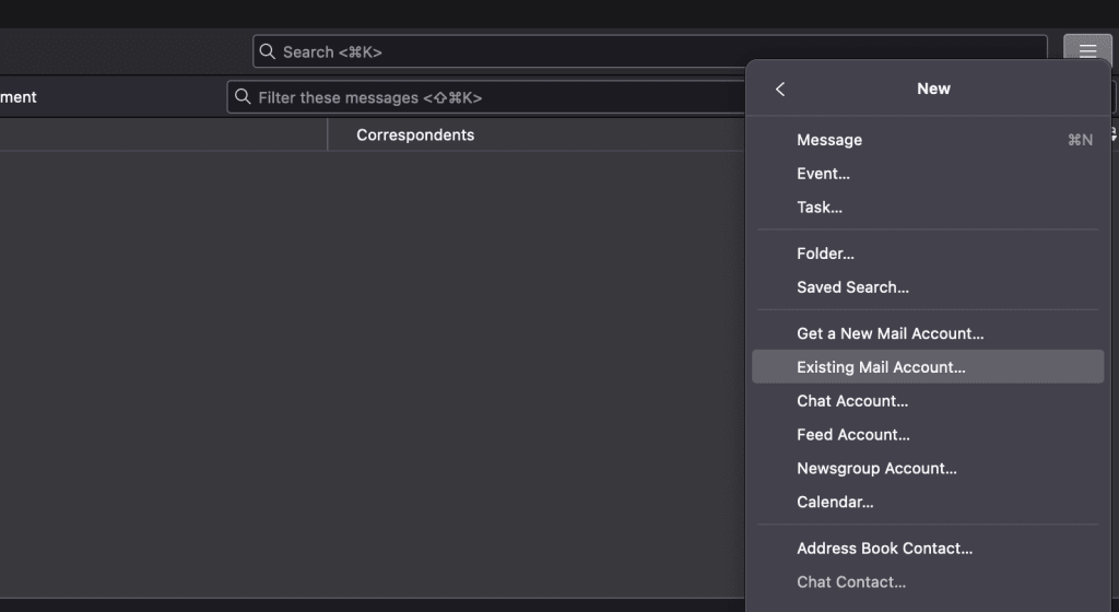 Option to set up an existing email account with Thunderbird