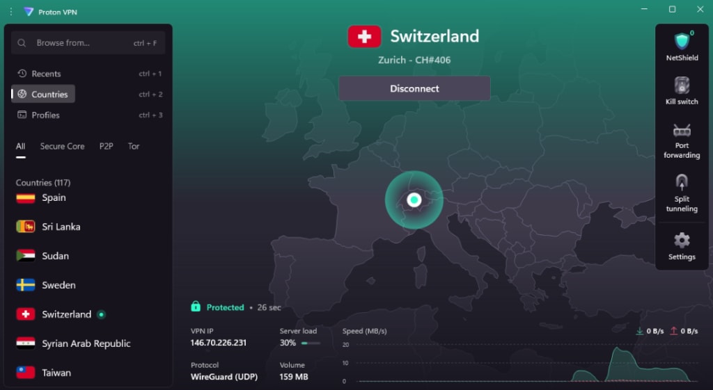 The Proton VPN Windows app showing a map of Europe