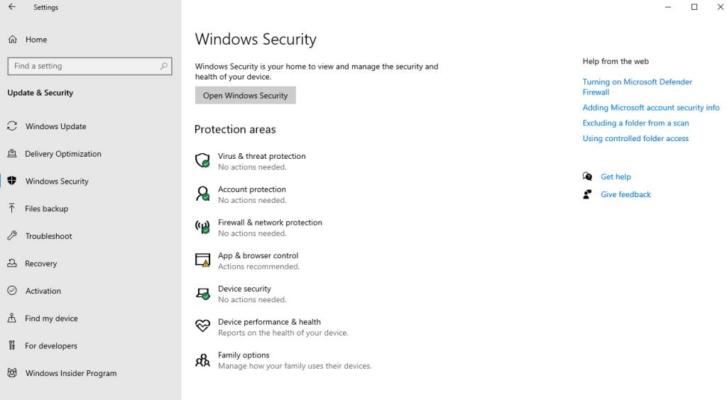 The Windows Security page in Settings on Windows 10