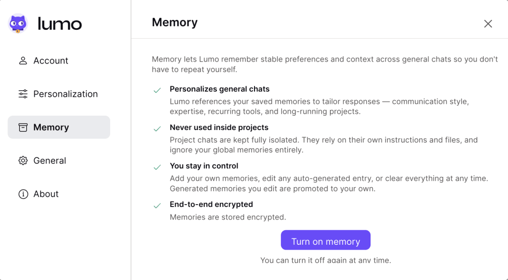 Lumo Memory screen before turning it on.