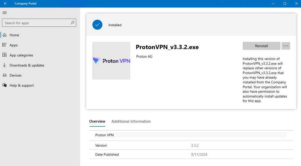 A managed version of Proton VPN is now installed
