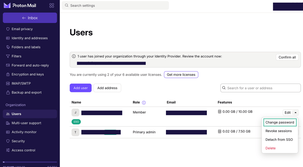 Screenshot of Proton Account "users" page with the "Change password" button highlighted.
