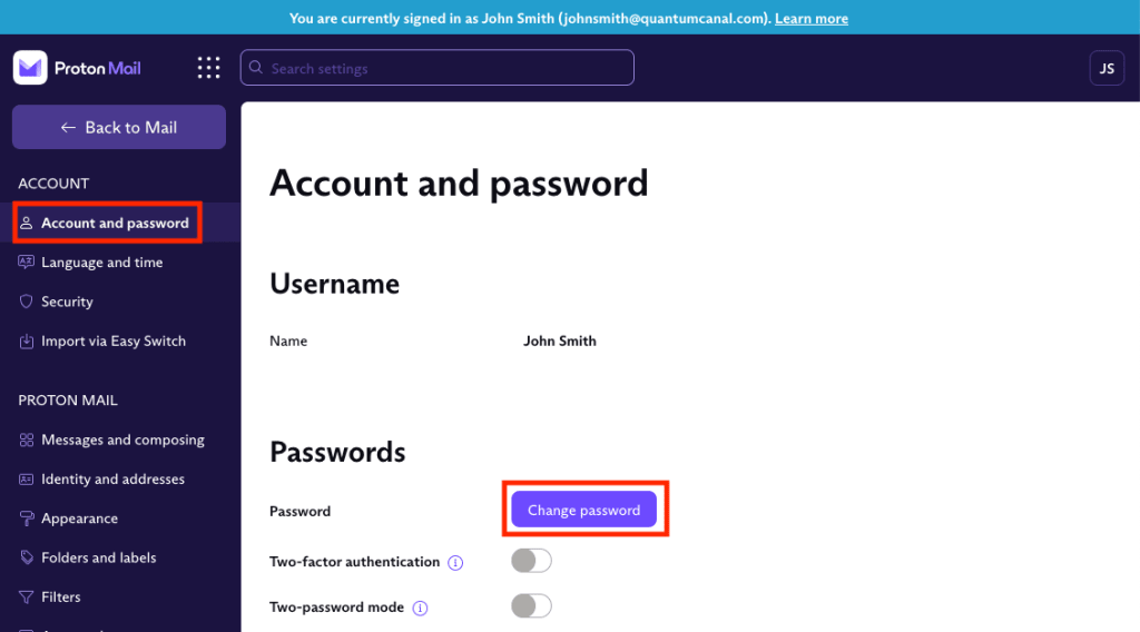 Change password button for user