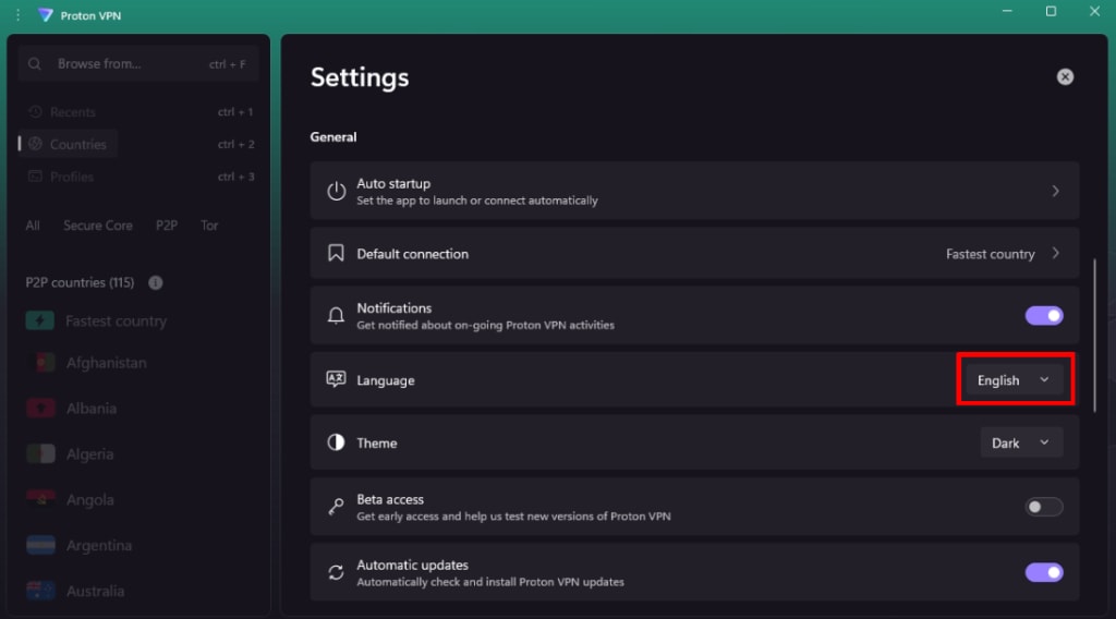 How to change language on the Proton VPN Windows app.