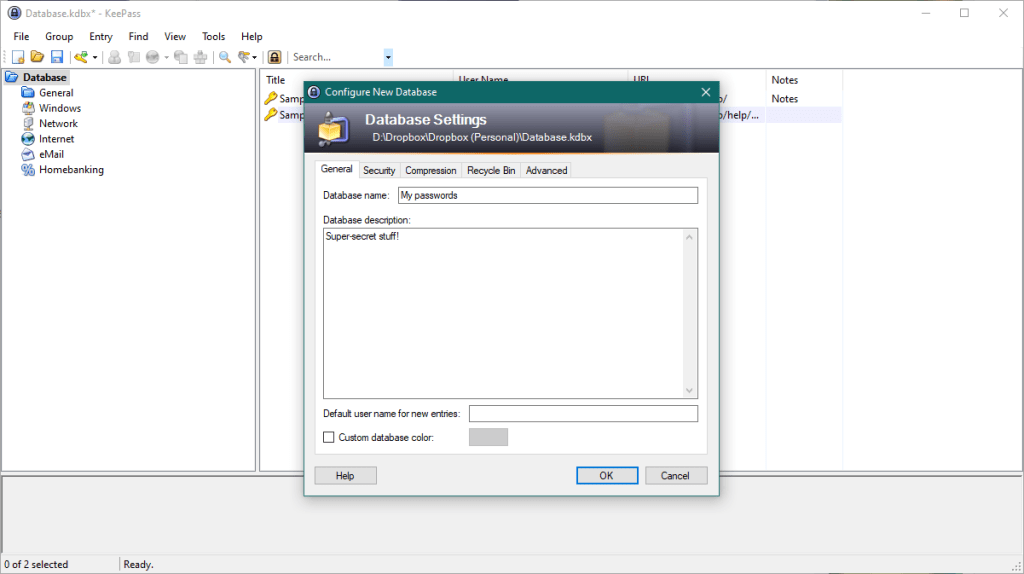 Screenshot of KeePass database settings