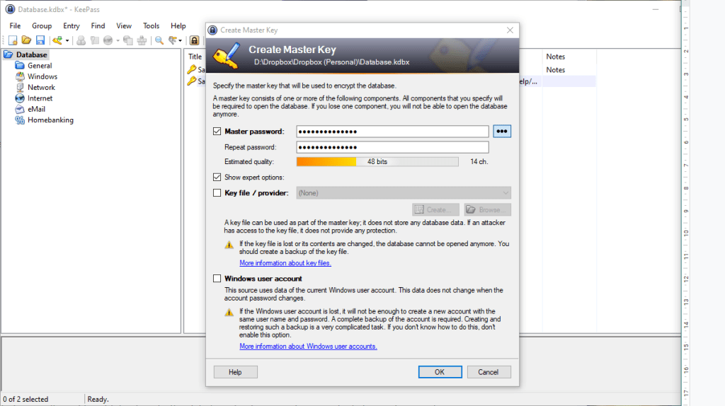 Screenshot of KeePass master password