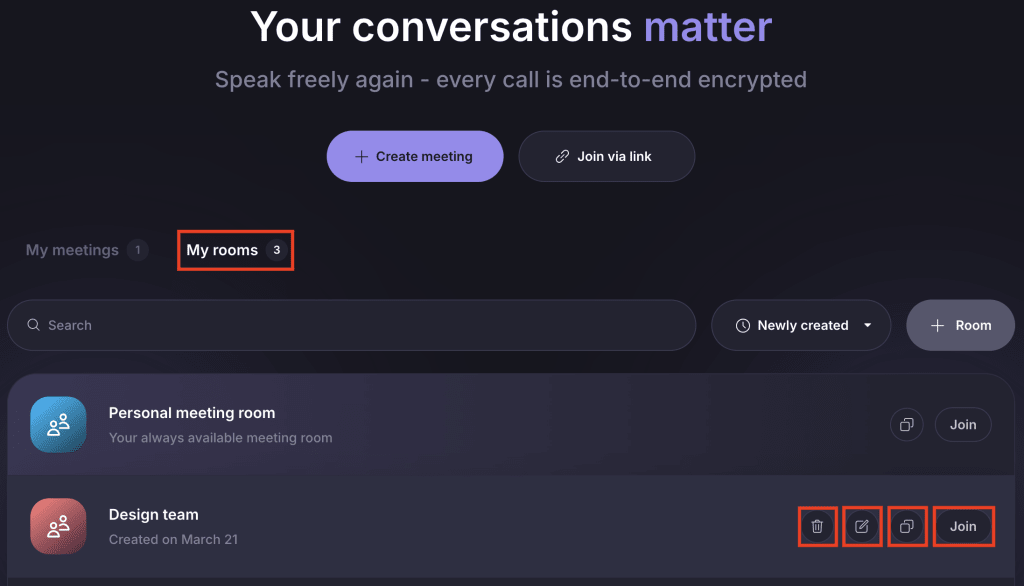 View your rooms on the Proton Meet web app or desktop app