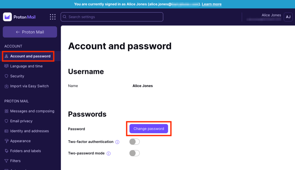 Change password button