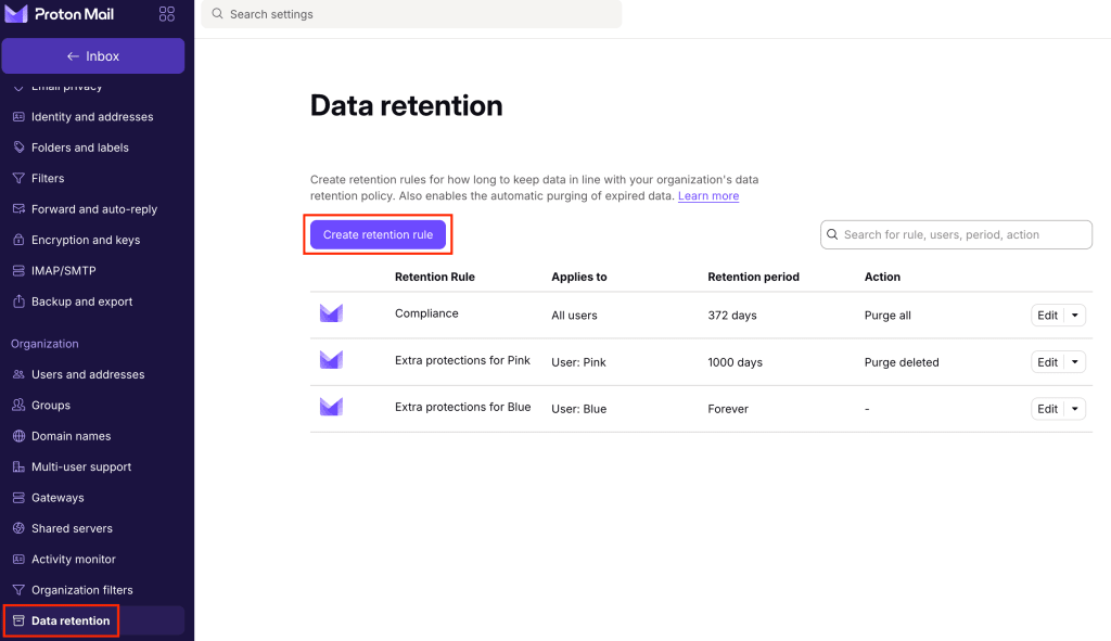 How to create a data retention rule in Proton Mail