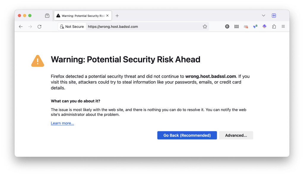 The Warning: Potential Security Risk Ahead error o Firefox