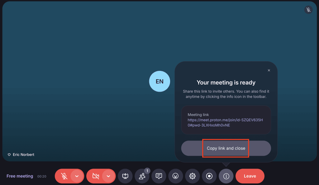 After starting a Proton Meet call, copy the link to share with others