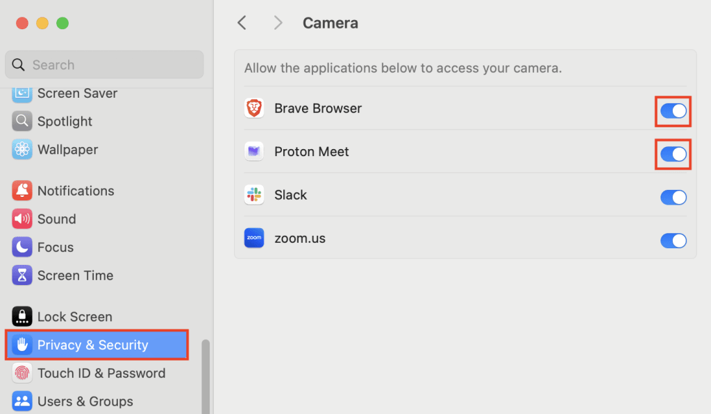 Allow camera and microphone in system settings for the Proton Meet macOS app