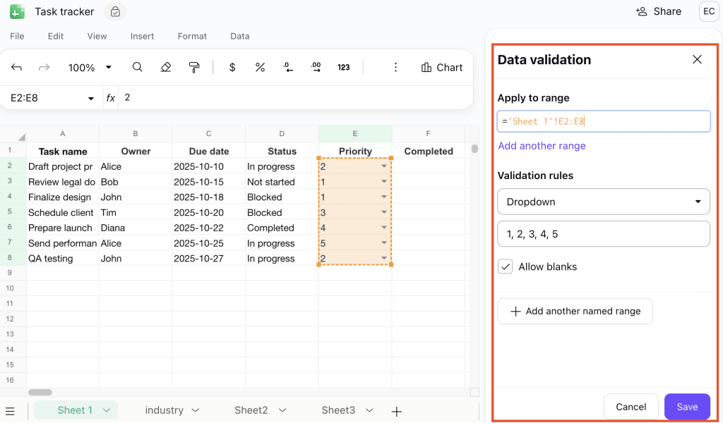 How to set up data validation in Proton Sheets