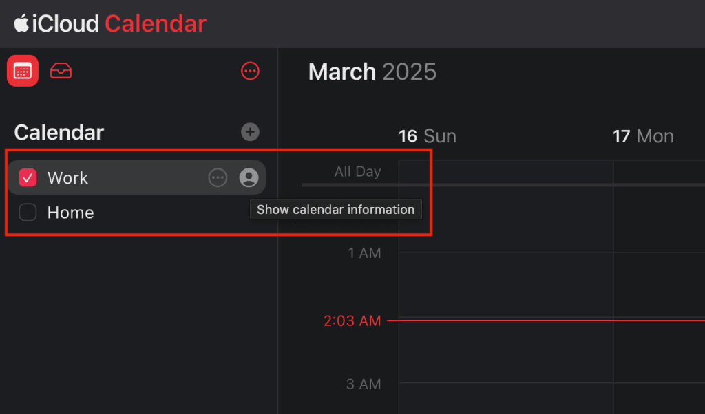 The iCloud Calendar main window, highlighting the available calendars