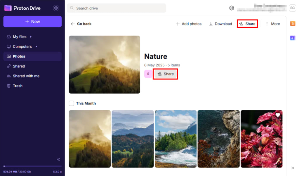 The Proton Drive web app shows how to share an album