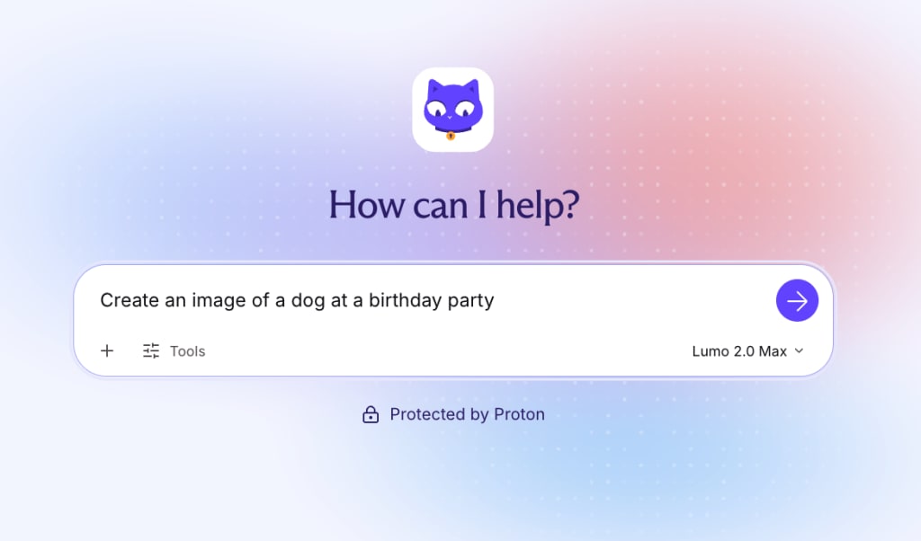 Lumo chat interface with a prompt typed in the chat window. The prompt says "Create an image of a dog at a birthday party".