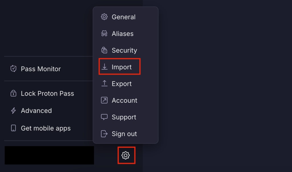 Proton Pass highlights the settings button and "Import" button from the settings menu